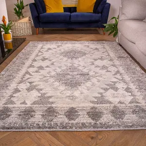 Contemporary Grey White Bordered Geometric Plush Scandi Area Rug 60x110cm