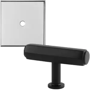 Cabinet Door Knob & Contrasting Backplate Set - Hex T Bar Pull - Matt Black & Chrome