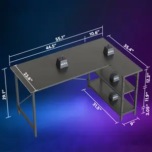 L-Shaped Desk (120 or 140cm x 90cm) Corner Desk with Adjustable Shelves by Aliff Black Carbon Fibre / 74cm H x 140cm W x 90cm D