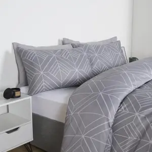 Geo Duvet Cover Bedding Set Pillowcase Reversible Art Deco Quilt, Grey - Single