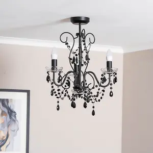 ValueLights Viscount Black 3 Way Ceiling Light Chandelier Fitting with Clear Acrylic Jewel Droplets