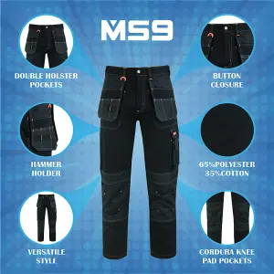 MS9 Men's Work Cargo Trousers Pants Jeans Comes with Multi Functional Pockets T5, Black - 36W/34L