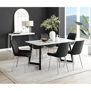 Industrial Design White & Grey Marble Effect Melamine Dining Table Set with 6 Luxury Velvet Chairs Black/Silver