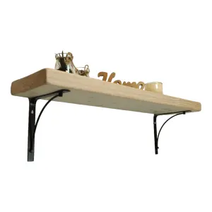 Solid Wood Handmade Rustical Shelf Unprimed 225mm 9 inch with Black Metal Bracket BOW Length of 80cm