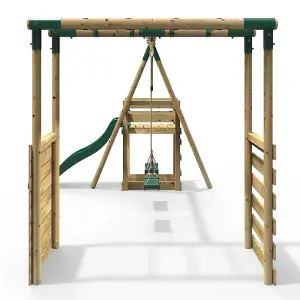 Rebo Wooden Children's Swing Set with Monkey Bars plus Deck & 6ft Slide - Double Swing - Venus Green