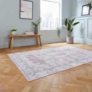 Pink Easy to Clean Bordered , Geometric Traditional Rug for Living Room, Bedroom - 150cm X 230cm