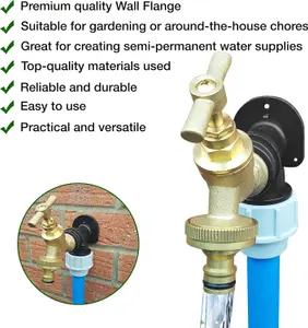 20mm MDPE Wall Flange Kit Wall Plate Elbow Brass Garden Tap with Click-Lock Hose Fitting and PTFE Tape to Install Hose Connector