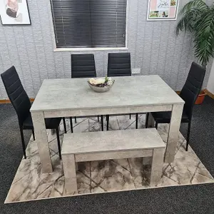 Dining Table and 4 Chairs With Bench Stone Grey Effect Wood Table 4 Black Leather Chairs Dining Room