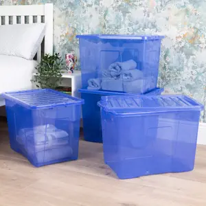 Wham Crystal 4x 80L Plastic Storage Boxes with Lids. Large Size, Strong. Made in the UK Tint Spectrum Blue