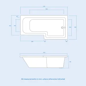 Nes Home 1700 x 850mm Acrylic Square Right Hand L Shaped Shower Bath