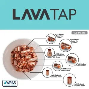 LavaTap 180 Piece End Feed Copper Pipe Fittings 15mm 22mm Plumbing Endfeed Plumbers Bucket