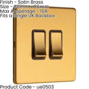 3 PACK 2 Gang Double Light Switch SCREWLESS SATIN BRASS 2 Way 10A Slim Rocker