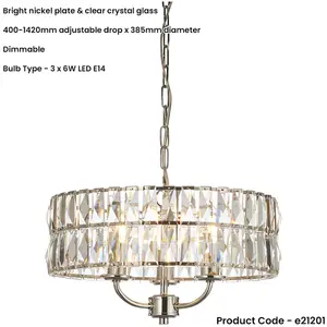 Multi Arm Hanging Ceiling Pendant Light - Bright Nickel Plate & Clear Crystal Glass - 3 X 6W LED E14