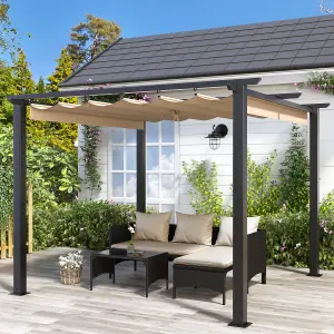 3x3M Metal Pergola with Retractable Roof, Garden Pergola with Sun Shade Canopy-Beige