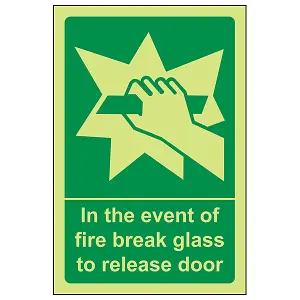 Event Of Fire Break Glass To Release Door Sign - Glow in the Dark - 100x150mm (x3)