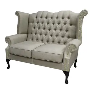 Chesterfield 2 Seater High Back Wing Sofa Charles Fudge Linen Fabric In Queen Anne Style