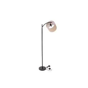 Oypla Black Floor Standing Lamp Reading Light with Linen Fabric Lampshade - Includes Bulb