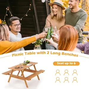 Costway Outdoor Table Set Patio Picnic Wood Dining Table w/ 2 Built-in Benches