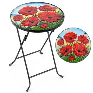 Folding Glass Table Garden Outdoor Patio Decoration Painted Round Top Christow Poppy