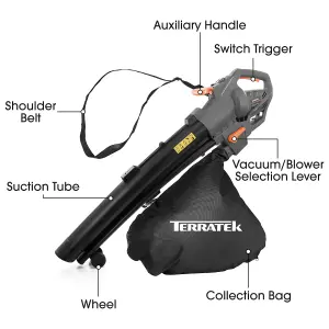 Terratek Leaf Blower Garden Vacuum and Shredder 35L Collection Bag 3000W