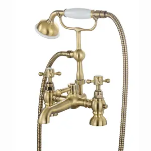 ENKI, Camberley, BT3208, Antique Brass, Bath Shower Mixer Taps, Traditional Victorian Cross Handle, Solid Brass, Easy Clean, Trad