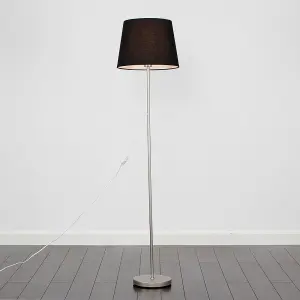 ValueLights Modern Standard Floor Lamp In Brushed Chrome Metal Finish With Black Tapered Shade