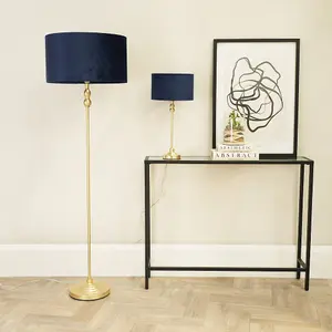 ValueLights Maggie Gold Candlestick Floor Lamp with Navy Blue Velvet Lamp Shade and LED Bulb