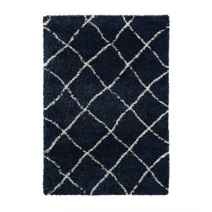 Navy Cream Shaggy Moroccan Geometric Modern Easy to Clean Rug for Living Room, Bedroom and Dining Room-200cm X 290cm