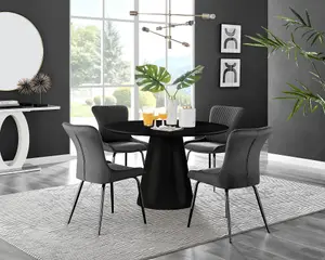 Furniturebox UK Palma Black Semi-Gloss Round Pedestal Dining Table & 4 Dark Grey Velvet Nora Black Leg Chairs