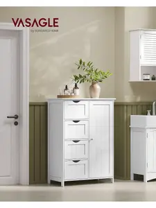 VASAGLE Bathroom Floor Storage Cabinet, Bathroom Storage Unit With 4 Drawers, Bathroom Cabinet Freestanding, With 1 Door