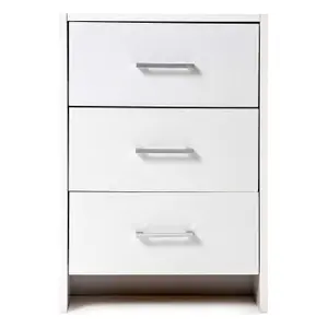 Chest of 3 Drawers White Bedside Table Metal Handles and Runner