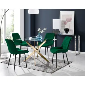 Lenworth Glass Rectangular Dining Table Set with 4 Luxury Velvet Chairs Green/Black / Gold