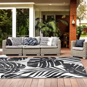 Extra Large Garden Outdoor Rug For Patio, Black & White Tropical Leaf Waterproof Garden Rug 180 x 270cm