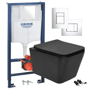 Black Square Hidden Fixation Rimless Wall Hung Toilet Pan & GROHE 1.13m Concealed WC Cistern Frame