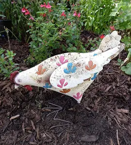 Cream Hen Metal Sculpture Garden Ornament with flower detail