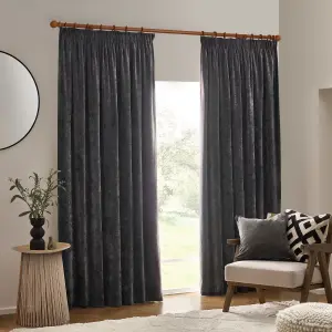 Yard Heavy Chenille Velvet Charcoal Pencil Pleat Curtains, 168 x 229cm