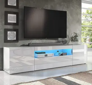 Furneo 200cm Long TV Stand Unit Cabinet Matt & High Gloss White Clifton08 Blue LED Lights