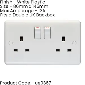 2 PACK 2 Gang Double Pole 13A Switched UK Plug Socket - WHITE Wall Power Outlet