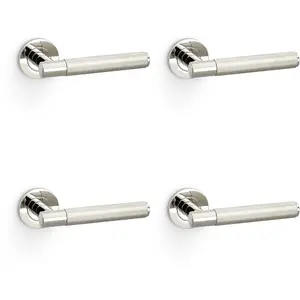 4 PACK - SOLID BRASS Knurled Door Handle Set - Polished Nickel Straight Lever Round Rose