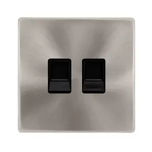 Brushed Steel Screwless Plate Secondary Telephone Twin Socket - Black Trim - SE Home