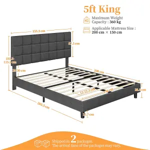 Yaheetech Dark Grey 5ft King Upholstered Bed Frame with Square Tufted Adjustable Headboard and Wooden Slats Support