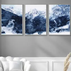 Set of 3 Abstract Navy Blue Mountains Wall Art Prints / 50x70cm / Light Grey Frame