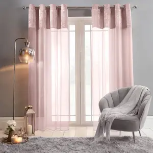 Sienna Pair of Crushed Velvet Panel Lace Voile Net Curtain Textured Eyelet Ring Top, Blush Pink Panels - 55" wide x 87" drop