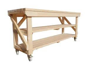 Acorn workbench, kiln-dry work station (H-90cm, D-64cm, L-120cm) double shelf and wheels