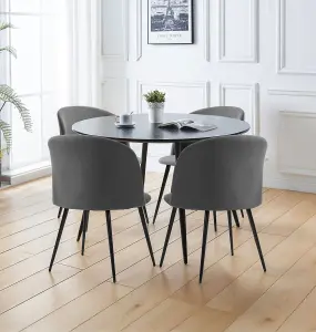 Hallowood Furniture Cullompton Large Round Black Dining Table 120cm with 4 Curved-back Dark Grey Fabric Chairs