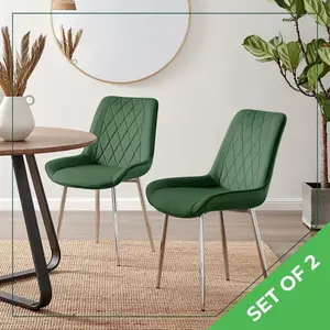 Palermo Velvet Modern Dining Chairs with Tapered Metal Legs & Quilted Diamond Stitching (Set of 2) Green / Silver