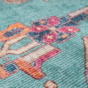 Bold Teal Blue Pink Persian Style Washable Non Slip Rug 60x110cm