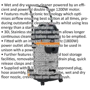 1200W Industrial Wet & Dry Vacuum Cleaner - 30L Bagless Stainless Steel Drum