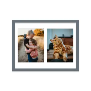 16x12 Inch 2 Opening Photo Collage Frame, Display Two 9x7 Inch Photos, Multi Aperture Family Picture Frame, Grey