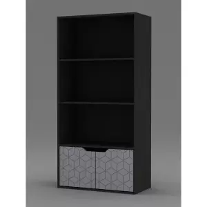 URBNLIVING 4 Tier Black Wooden Bookcase Cupboard With Grey Geo Doors Storage Shelving Display Cabinet